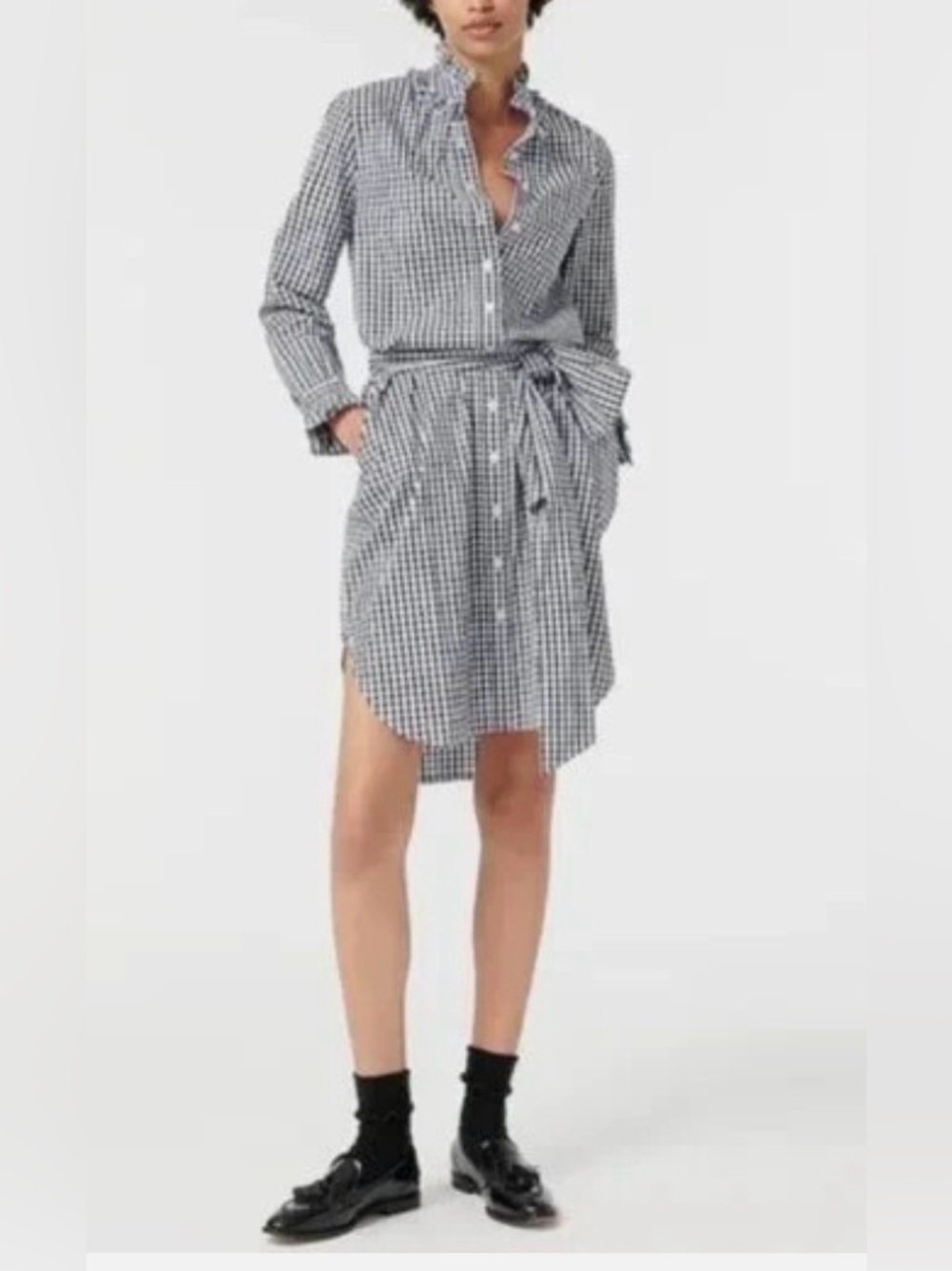 J Crew Classic Navy Blue Gingham Plaid Belted Button Front Cotton Midi Dress 16